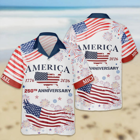 Personalized USA 250th Anniversary Hawaiian Shirt – Custom Name Patriotic Eagle 1776-2026