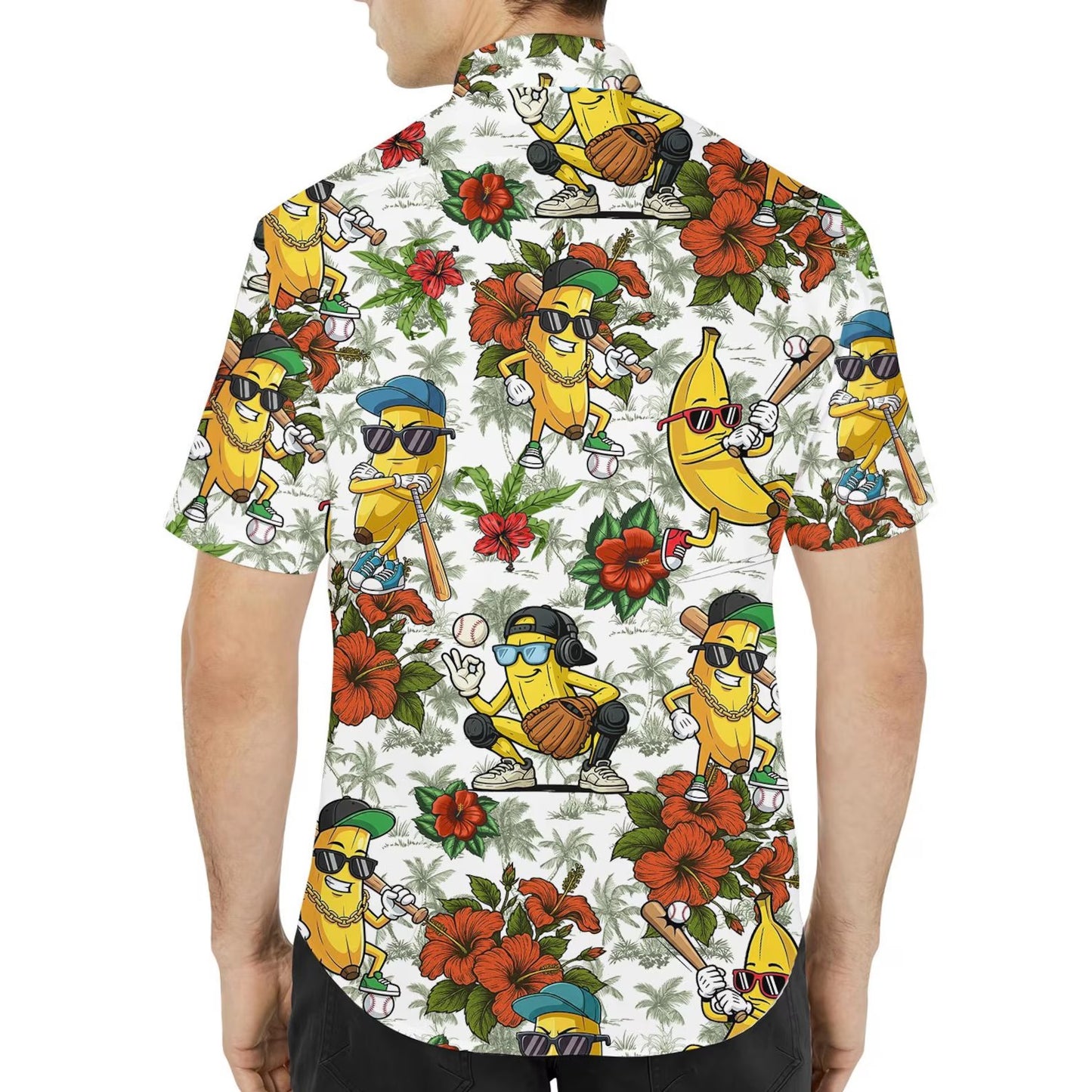 Banana Baseball Hawaiian Shirt Men Women Youth, Funny Tropical Fruit Sports Print, Summer Beach Vacation Short Sleeve Button up Shirt