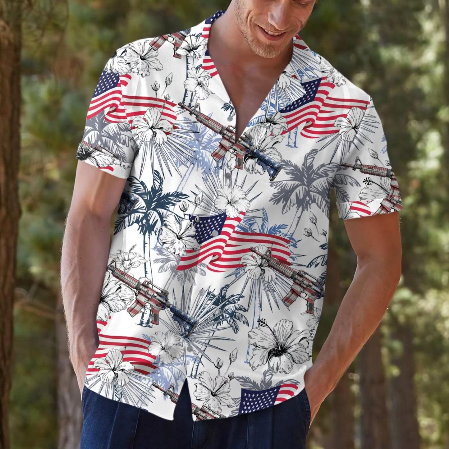 American Flag Gun Hawaiian Shirt, Patriotic 4th of July Aloha Shirt