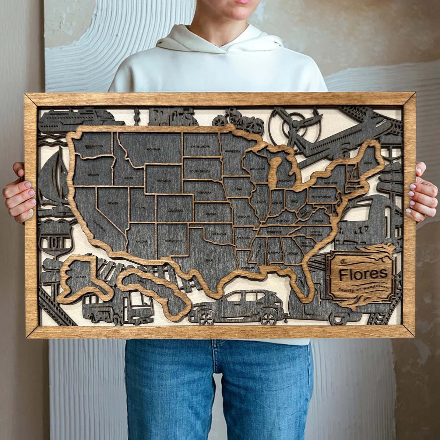 Personalized Wood US Travel Map, US Flag Travel Map Tracker, Road Trip Tracker, Gift for Travelers