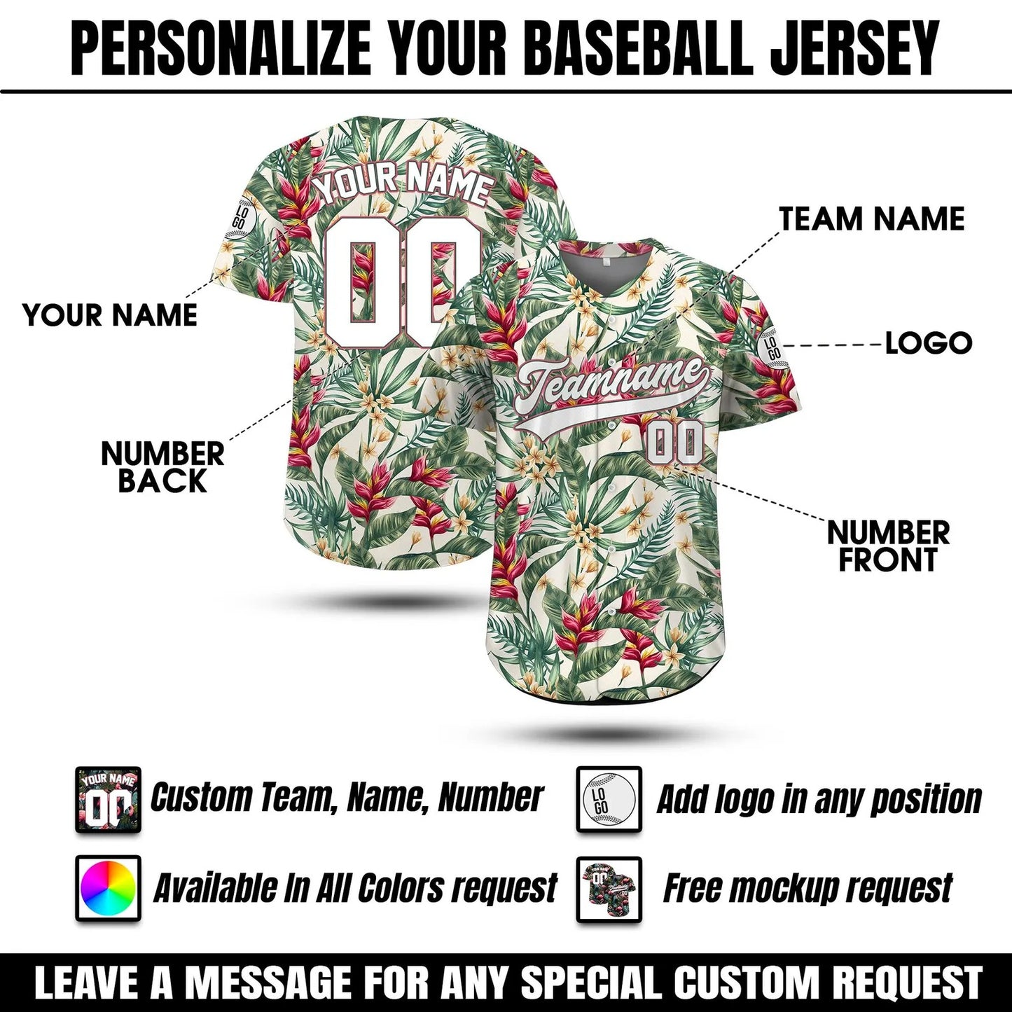 Personalized Hawaiian Baseball Jersey With Team Name Number Logo, Custom Beach Vacation Tropical Pattern Jersey, Leaf Shirt Baseball Jersey
