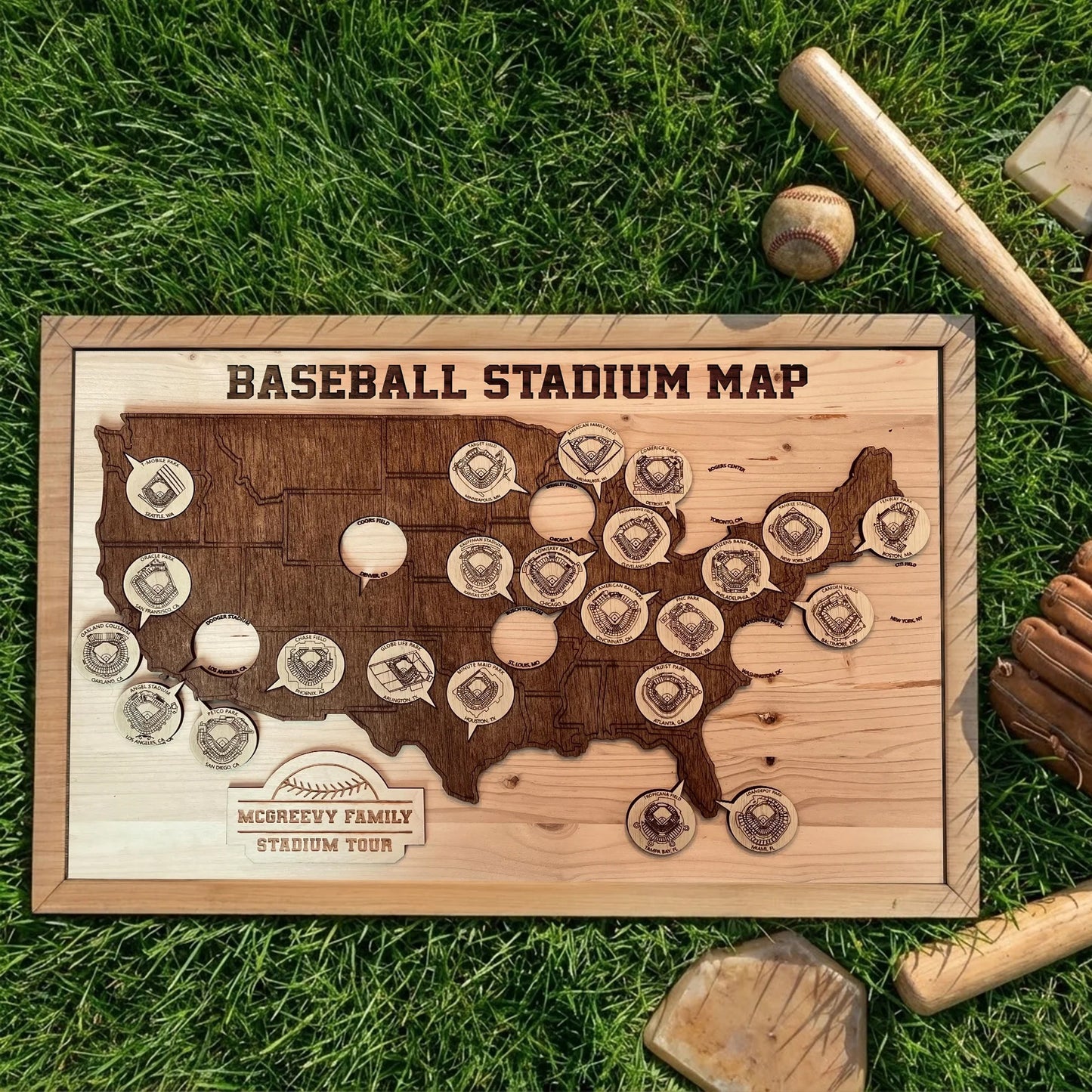Baseball Stadium Map, Wooden Wall Map, Baseball Tracker, Gift For Baseball Lover