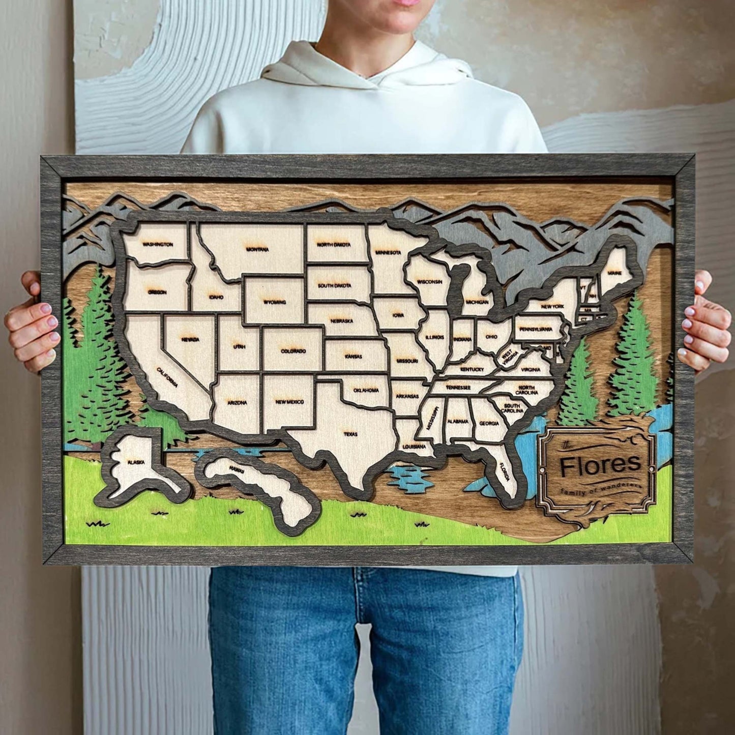 Personalized Wood US Travel Map, US Flag Travel Map Tracker, Road Trip Tracker, Gift for Travelers