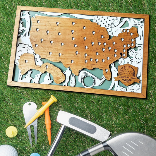 Golf Course Maps, Golf Map USA With Pin, Golf Wooden Travel Map, Gift For Golfer