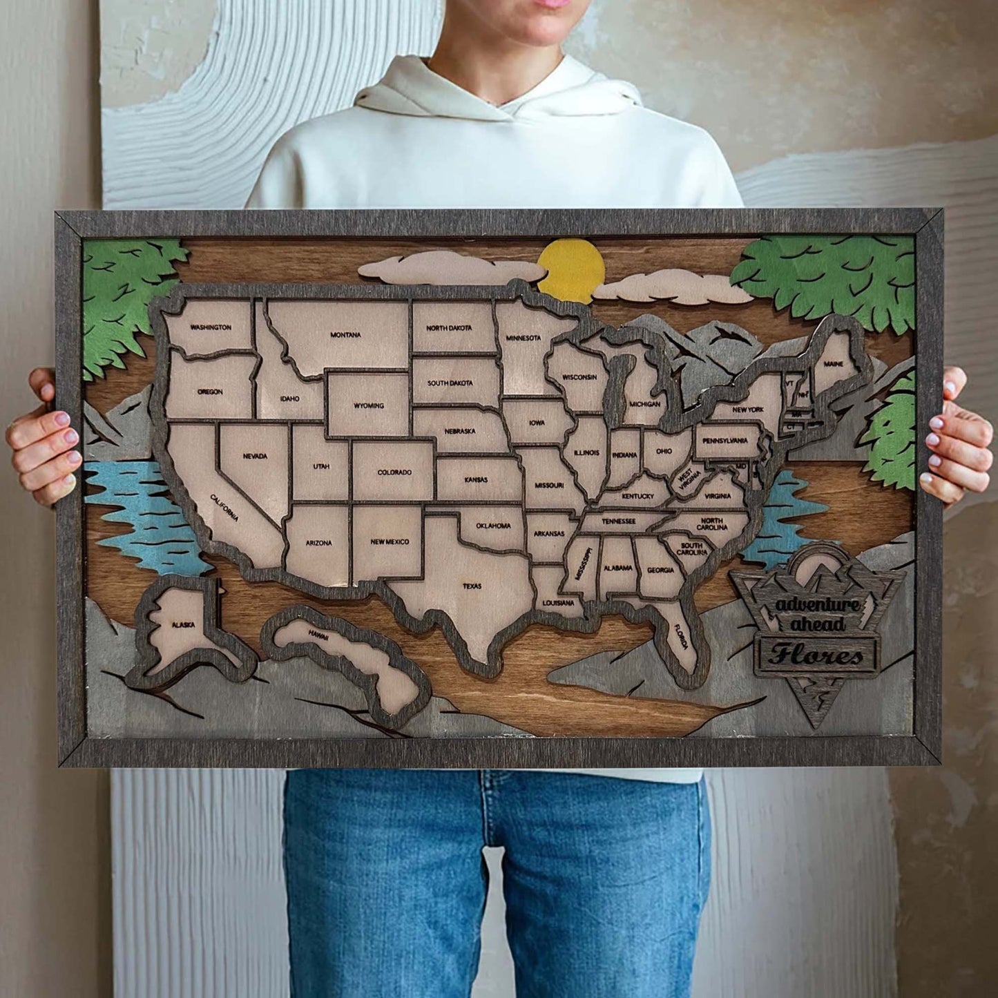 Personalized Wood US Travel Map, US Flag Travel Map Tracker, Road Trip Tracker, Gift for Travelers