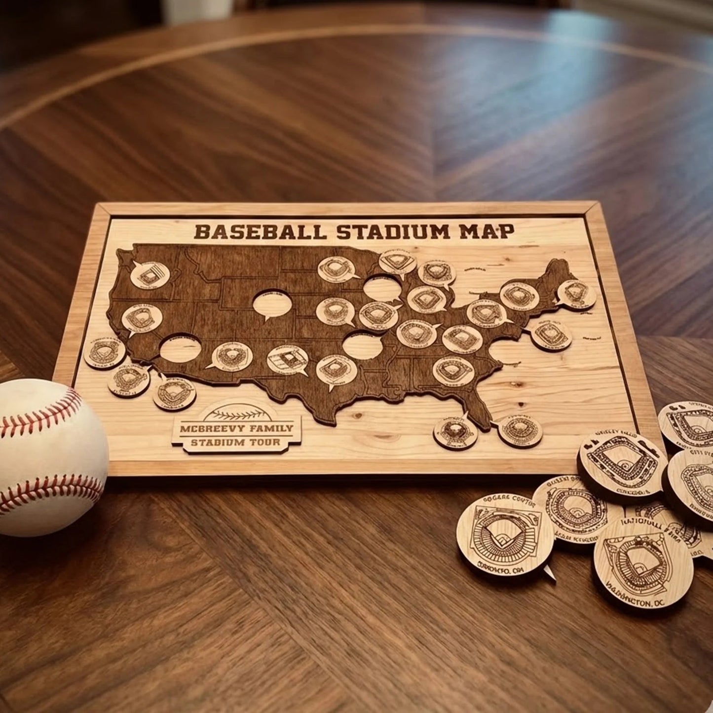 Baseball Stadium Map, Wooden Wall Map, Baseball Tracker, Gift For Baseball Lover