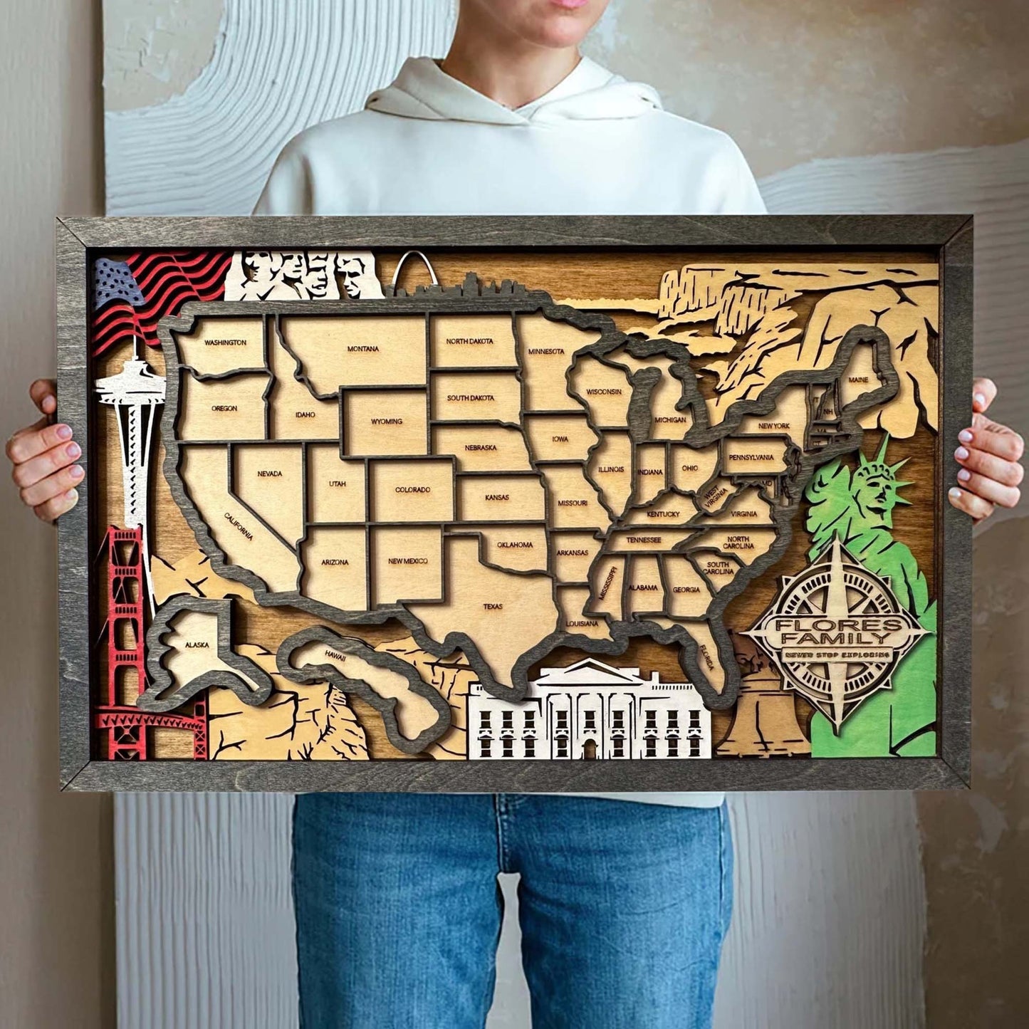 Personalized Wood US Travel Map, US Flag Travel Map Tracker, Road Trip Tracker, Gift for Travelers