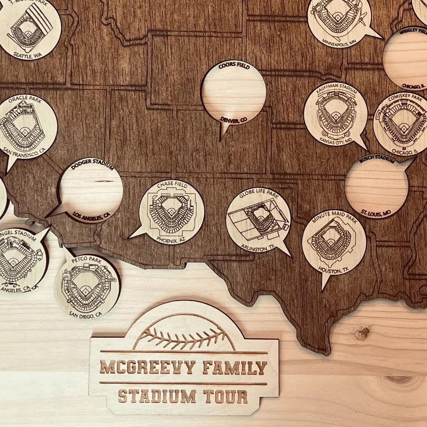 Baseball Stadium Map, Wooden Wall Map, Baseball Tracker, Gift For Baseball Lover